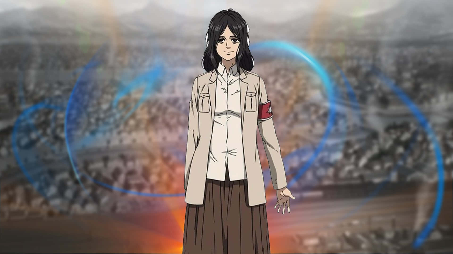 A Woman In A White Shirt Standing In Front Of A Crowd Wallpaper