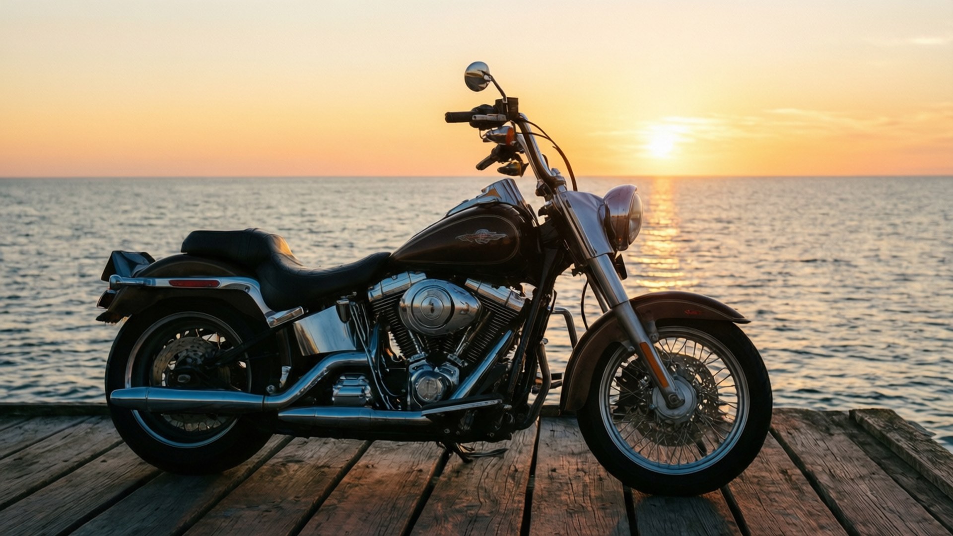 Una moto chopper en un muelle con la puesta de sol del océano reflejándose en el agua