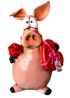 Pig Figurine With Roseand Gift Bag PNG