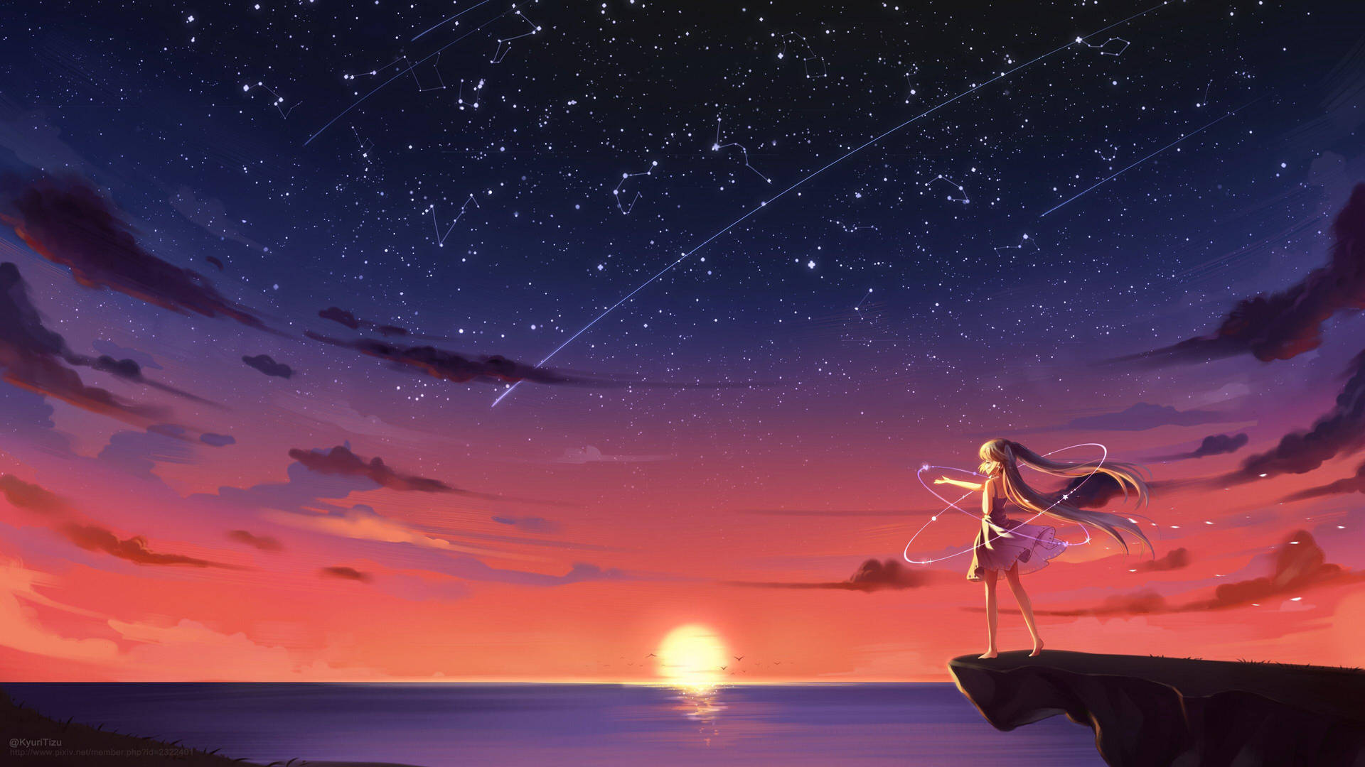 Pige Og Konstellationer Anime Æstetisk Solnedgang Wallpaper