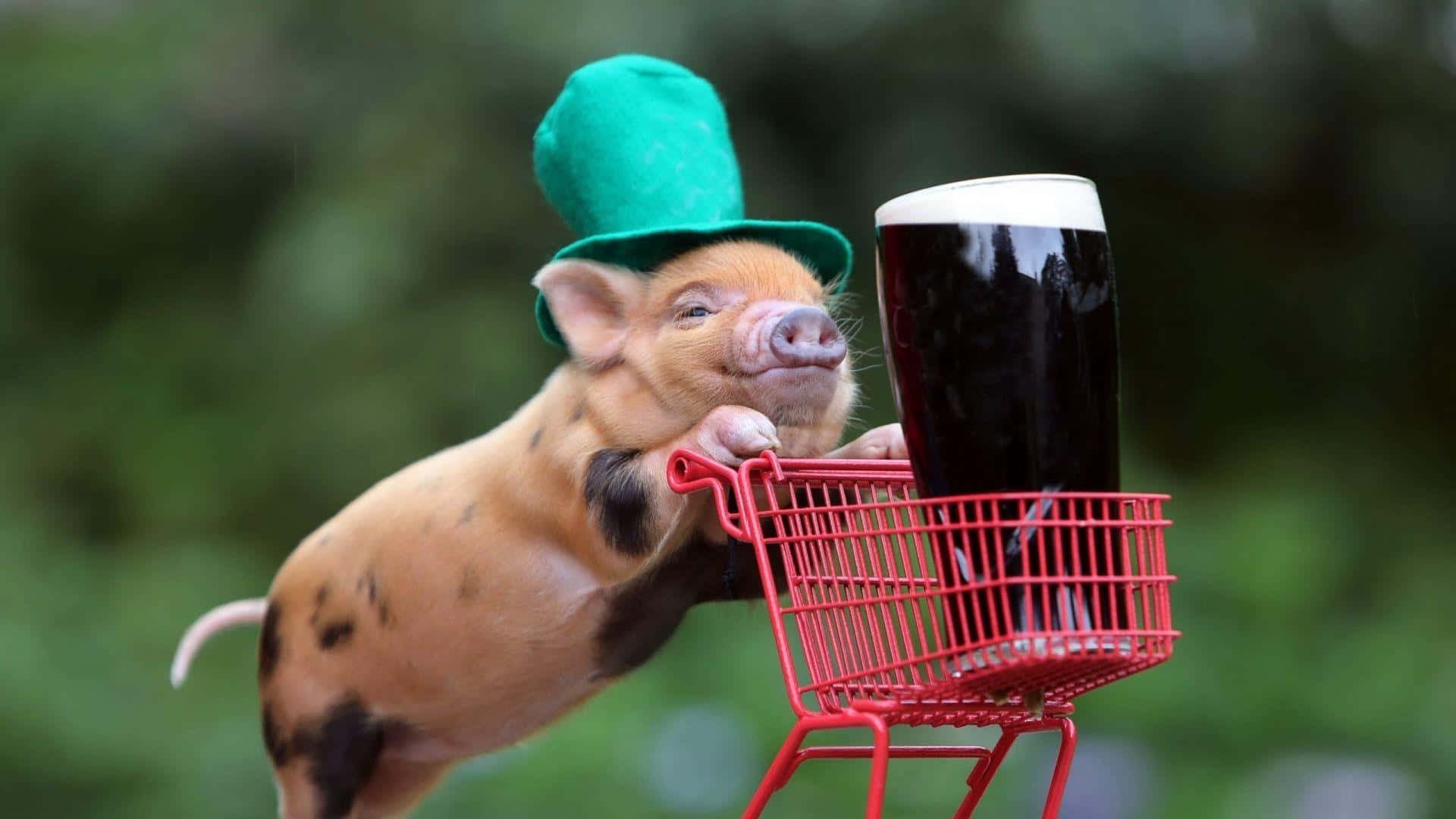 A Pig In A Green Hat Is Holding A Beer In A Shopping Cart