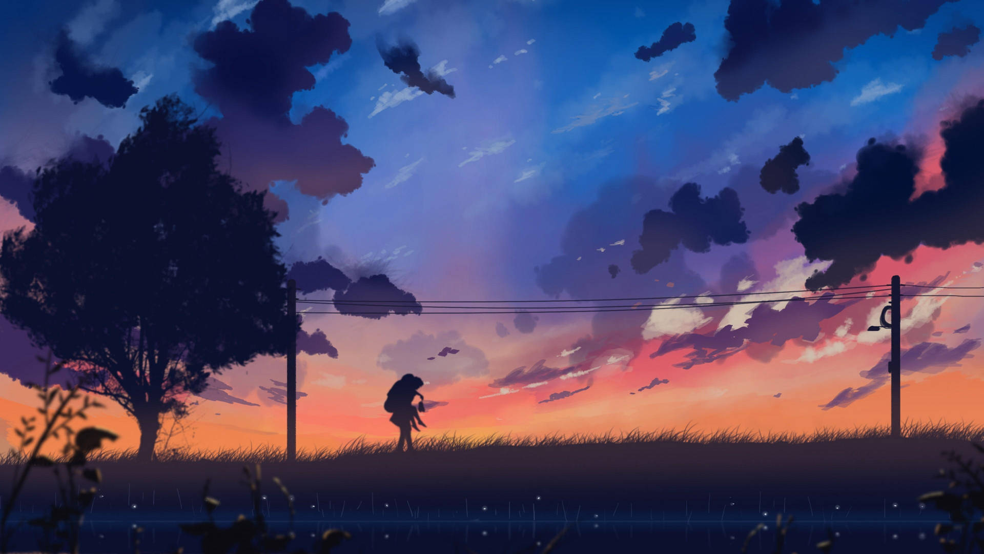 Piggyback Sunset Æstetisk Anime Landskaber Wallpaper