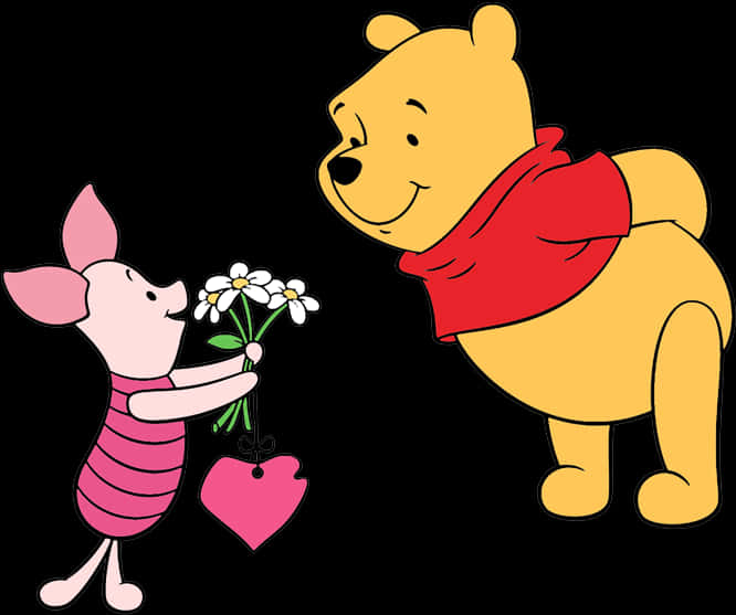 Piglet Giving Flowersto Pooh PNG