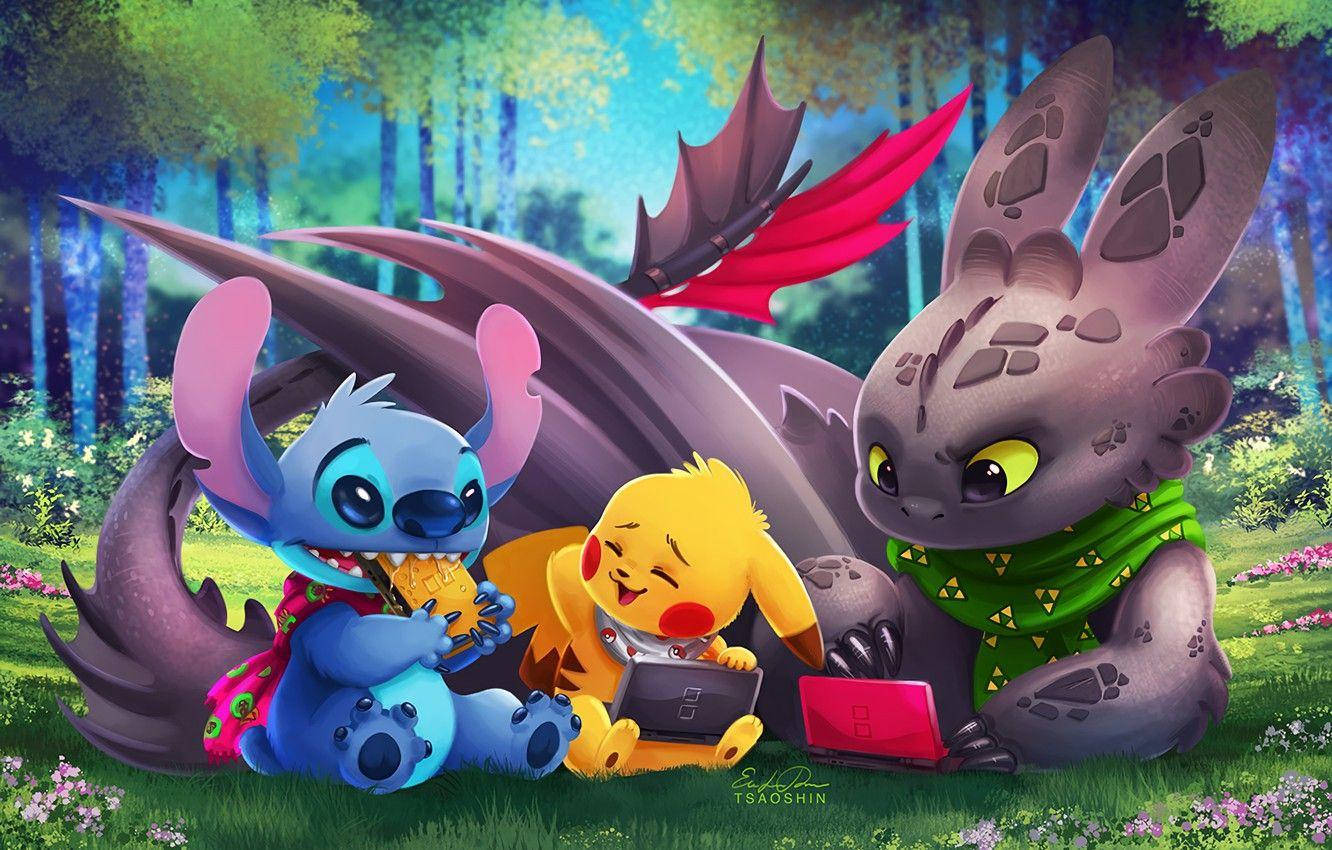 Pikachu And Toothless Watching Stitch 3d Wallpaper