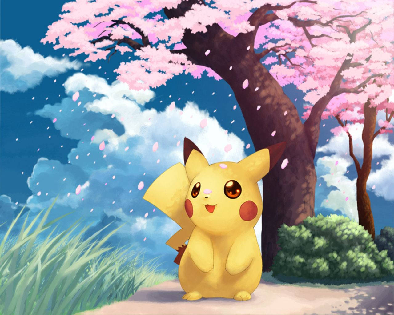 Pikachu amidst cherry blossoms. Wallpaper