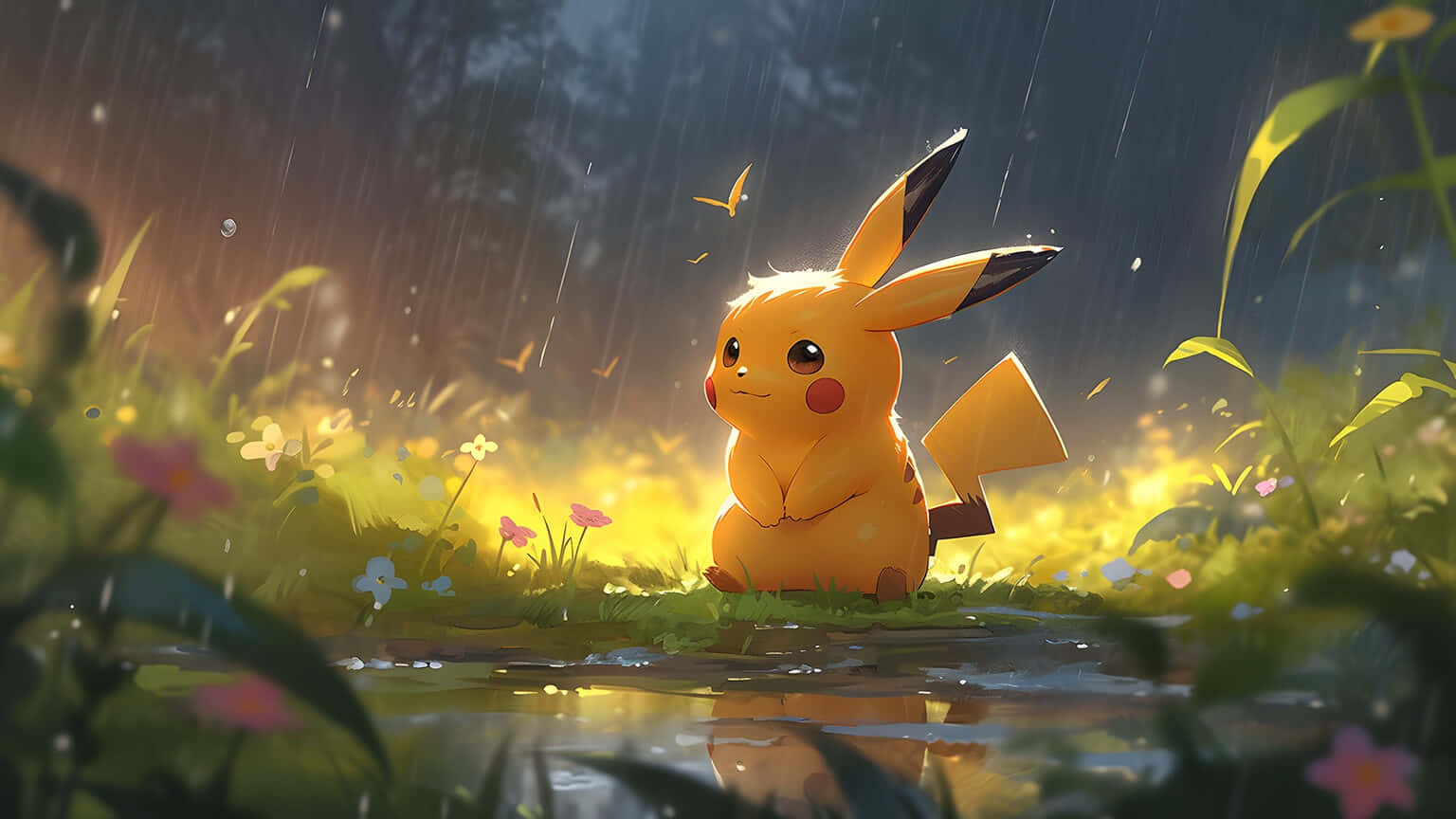 Pikachu Rainy Meadow Wallpaper Wallpaper
