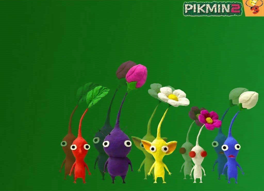 Pikmin Characters Green Background Wallpaper