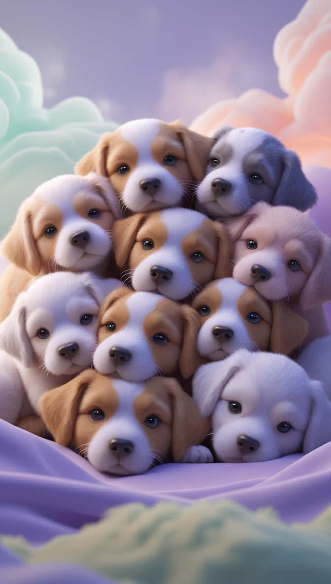 Pile Of Sleepy Puppies Cuddled Together Against A Soft Pastel Background Wallpaper