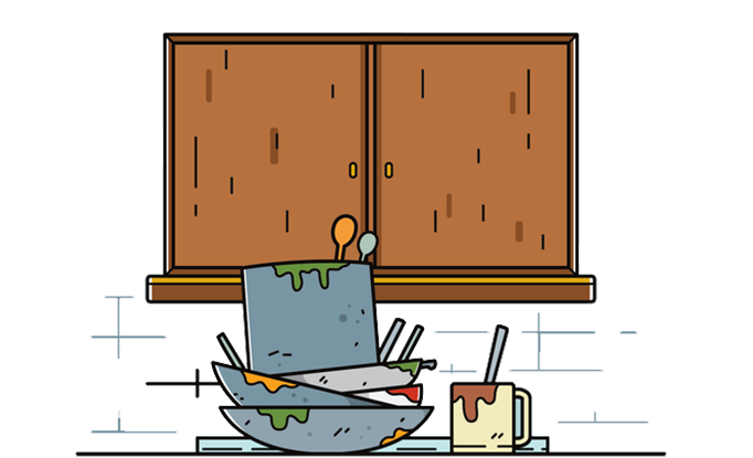 Piled Dishes Cartoon Kitchen Scene PNG