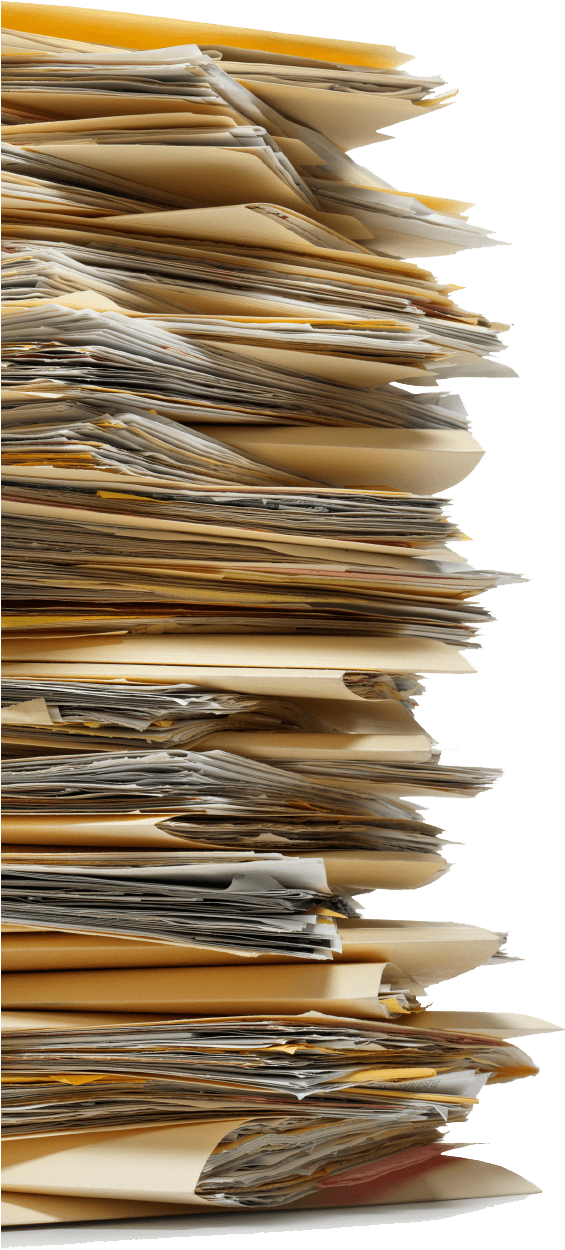 Piled Document Stack PNG — A towering chaotic stack of yellow legal folders and papers against a stark black background.