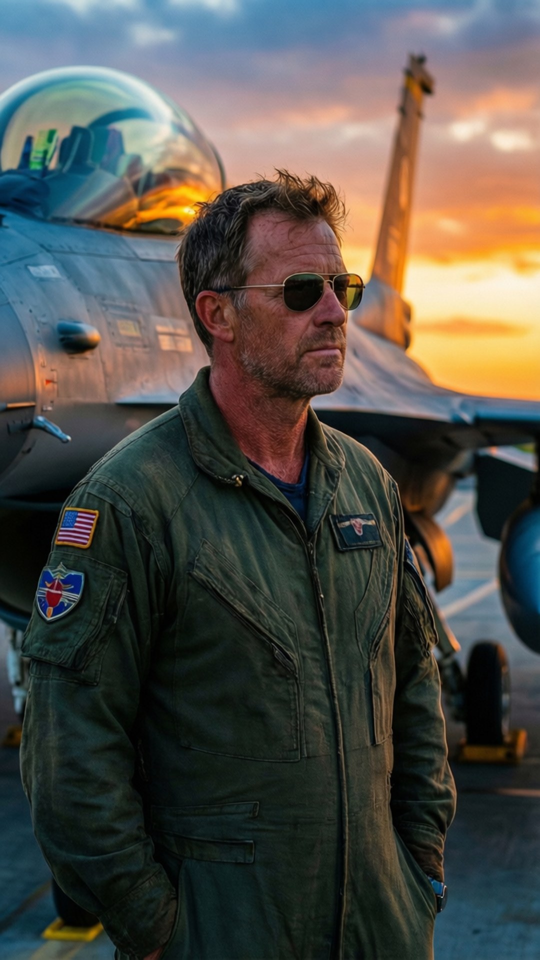 Un pilota in equipaggiamento di volo si trova accanto a un caccia durante il tramonto.
