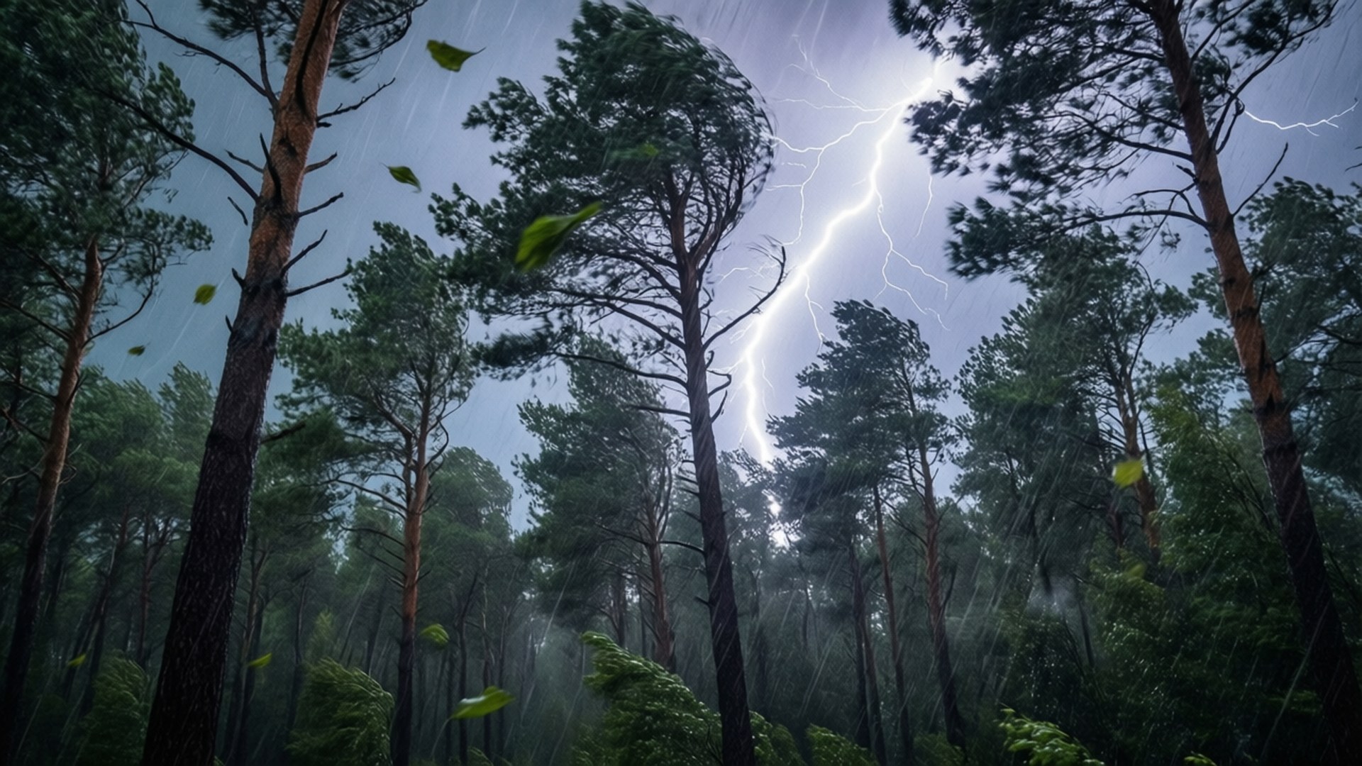Kiefernwald Sturm Hintergrundbilder — Kiefern in einem Sturm mit Wind und Blitzen.