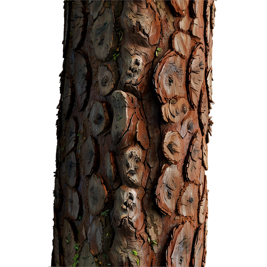 Pine Tree Bark Texture PNG — Close-up of rugged tree bark with layered, flaking brown and gray scales revealing inner wood texture.