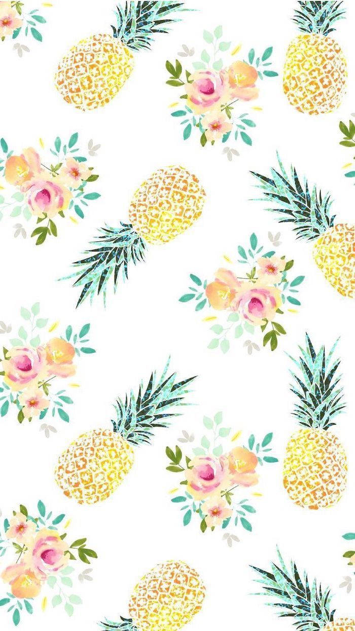 Pineapples And Flowers On A White Background Wallpaper