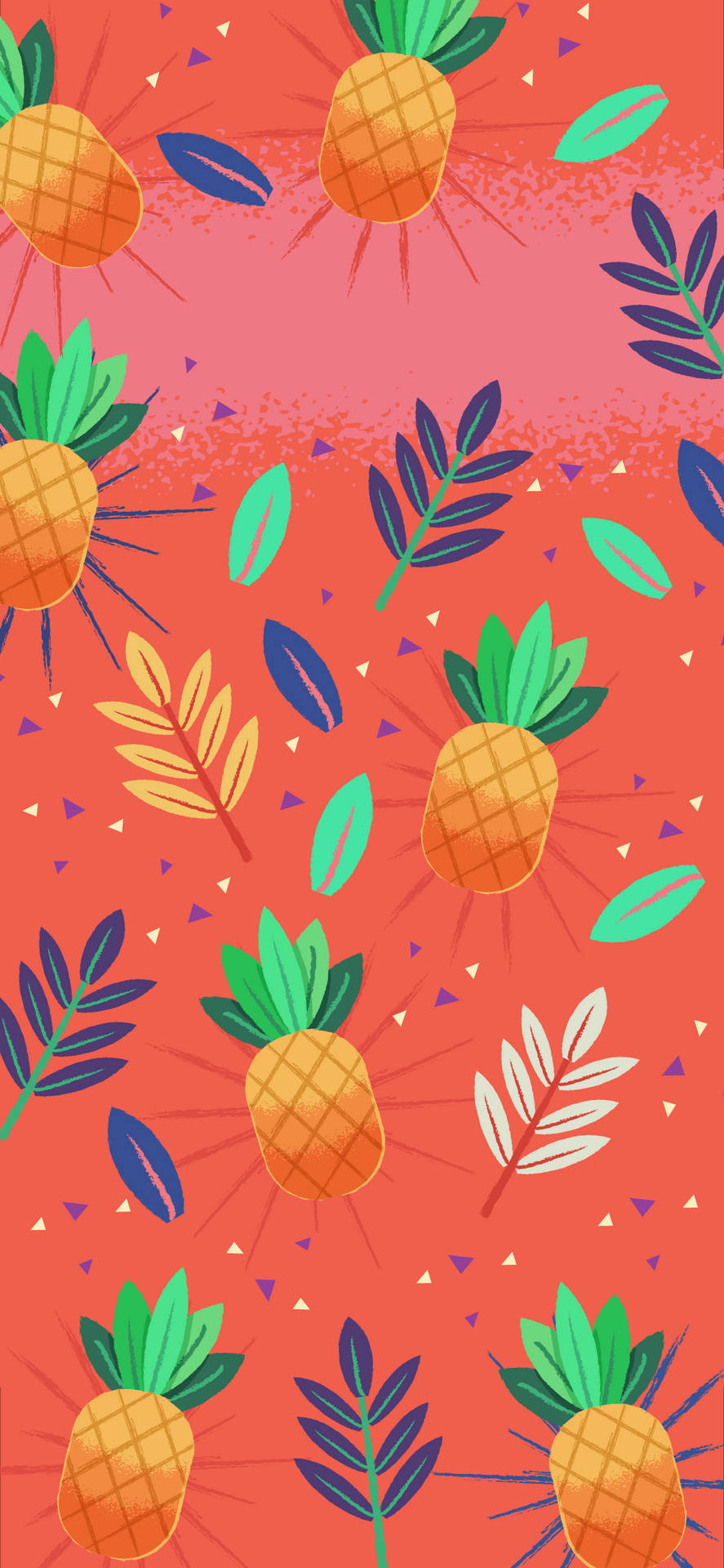 Pineapples And Leaves On A Red Background Wallpaper
