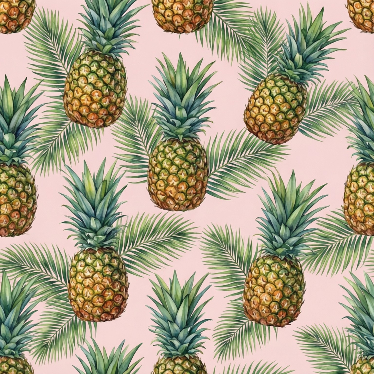 Ananas sömlöst mönster Bakgrundsbilder — Tropiskt ananas- och palmbladsmönster upprepas på mjuk rosa bakgrund med akvarelltextur.