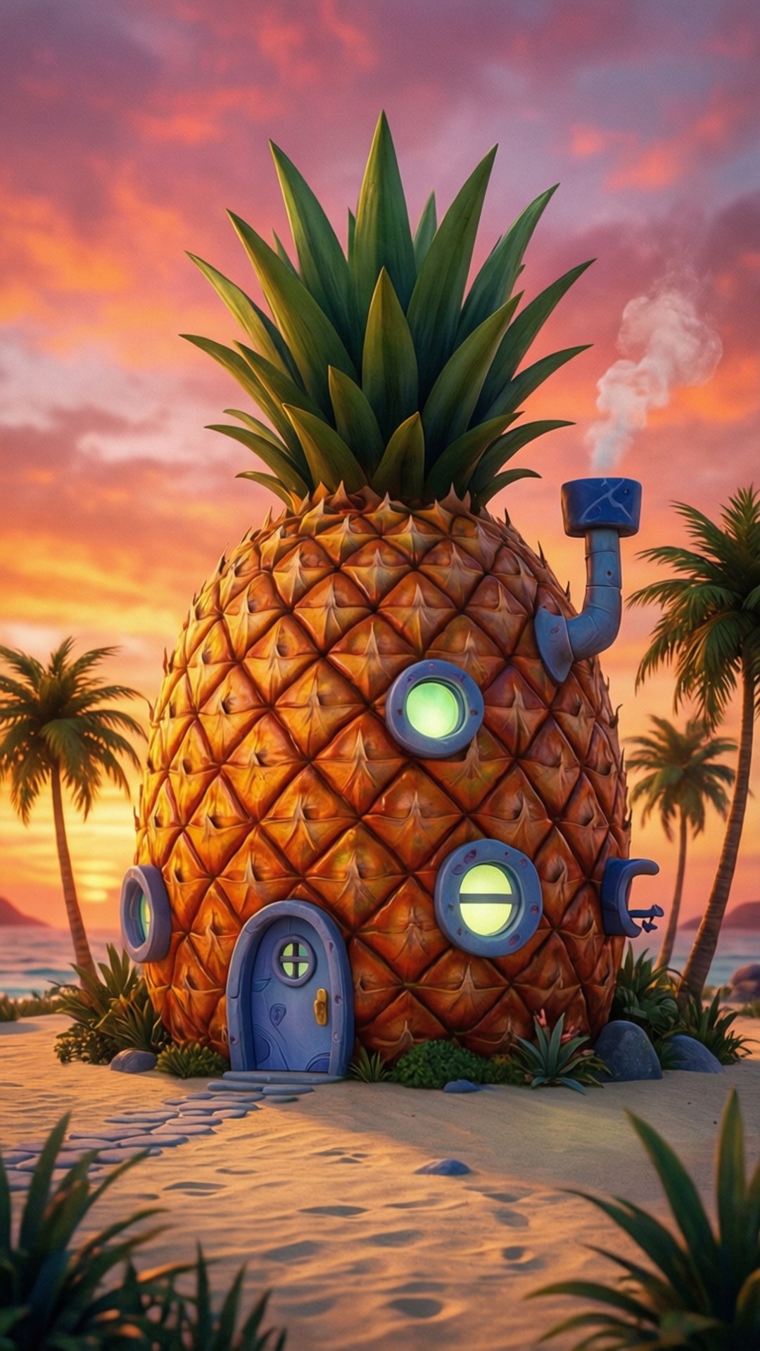 En rolig utsikt over SpongeBobs ananashus under en vakker solnedgang.