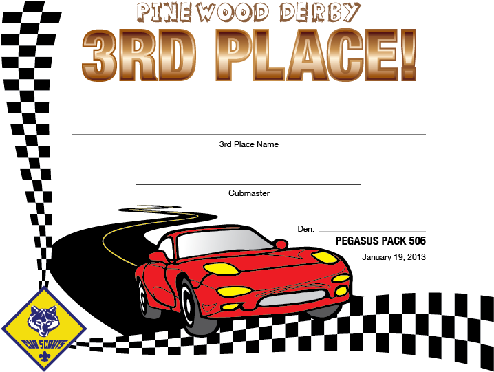 Pinewood Derby3rd Place Certificate Template PNG