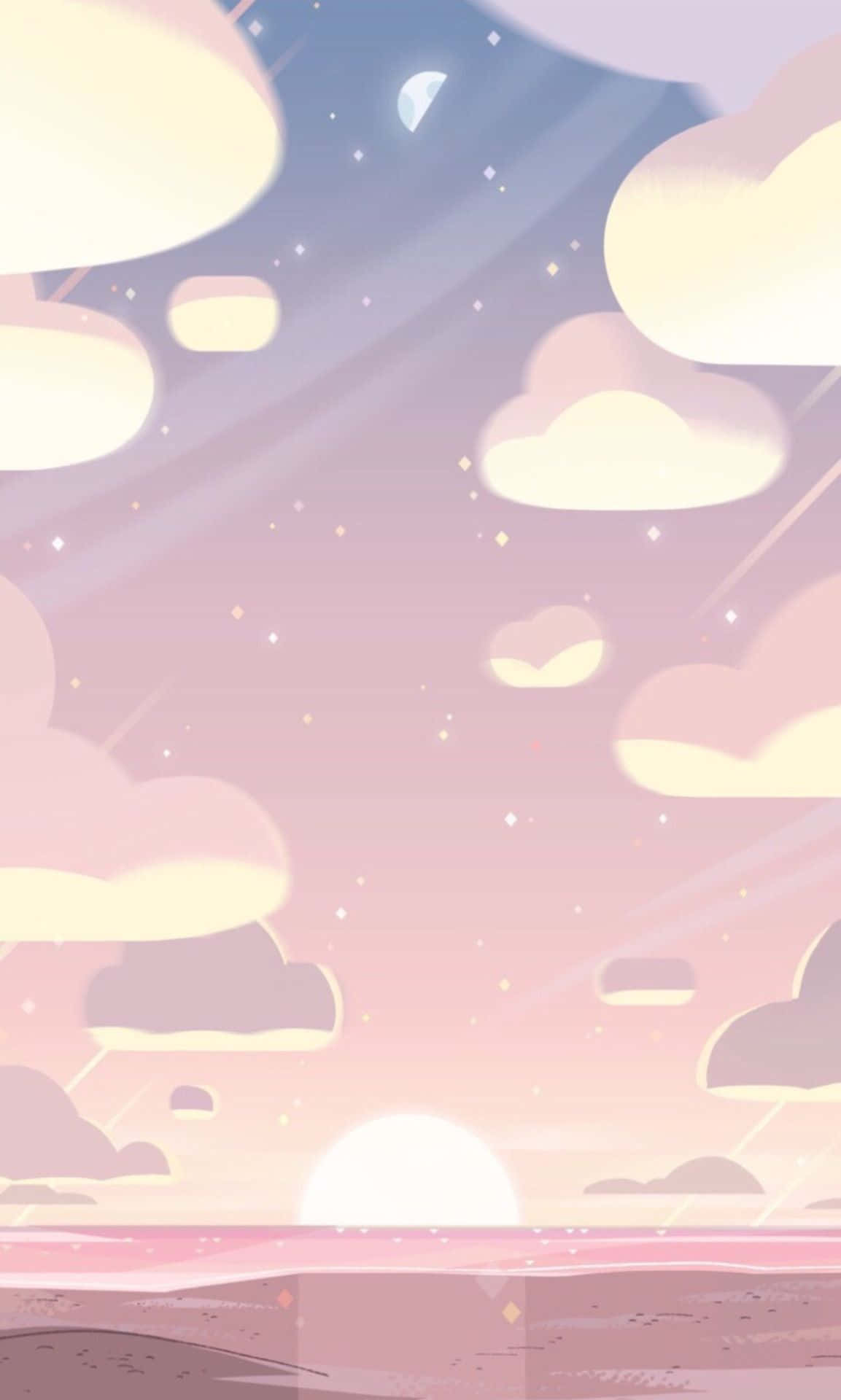 Et tegneserie af et solnedgang med skyer og måne Wallpaper