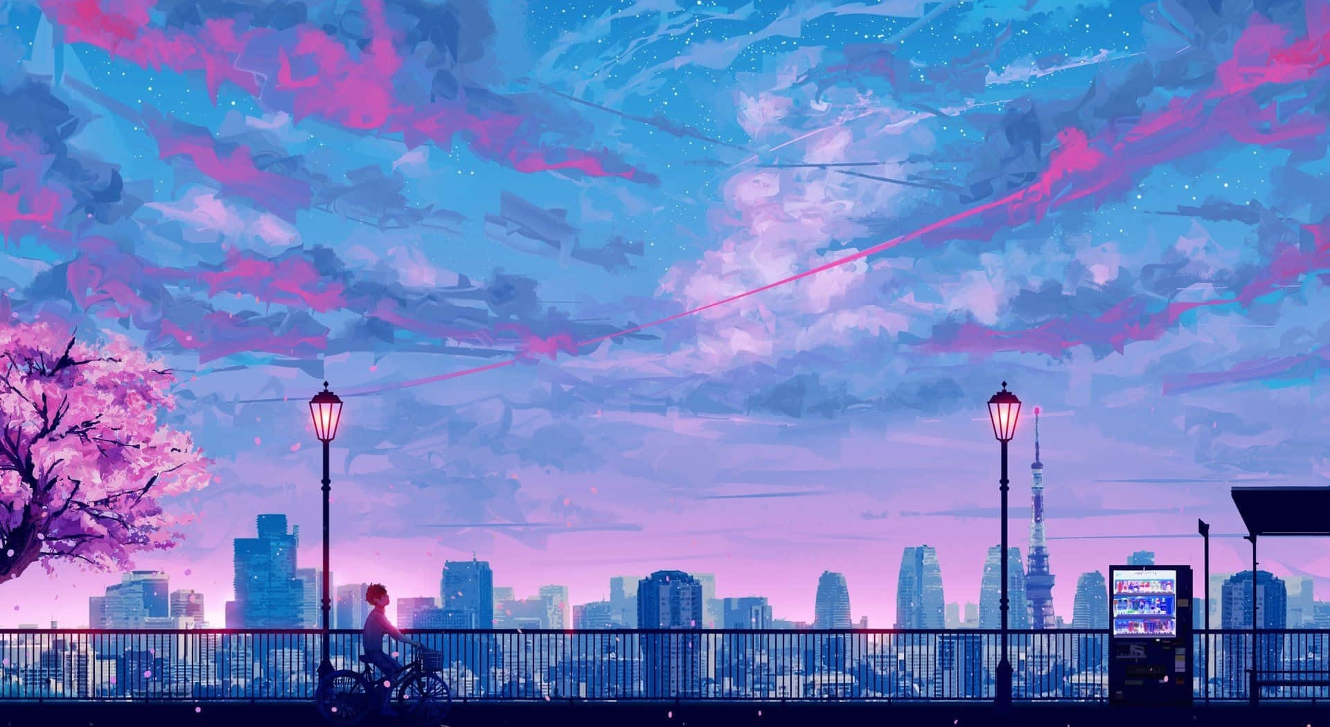 A Painting Of A City With A Sky Full Of Pink And Purple Wallpaper