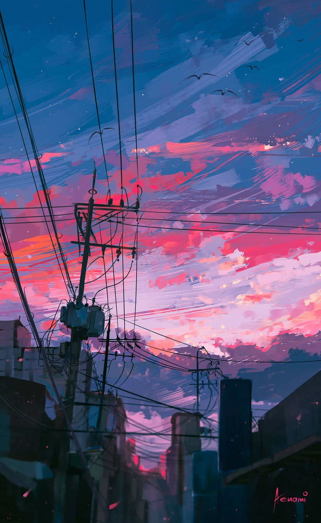 A Painting Of A City With A Sunset Wallpaper