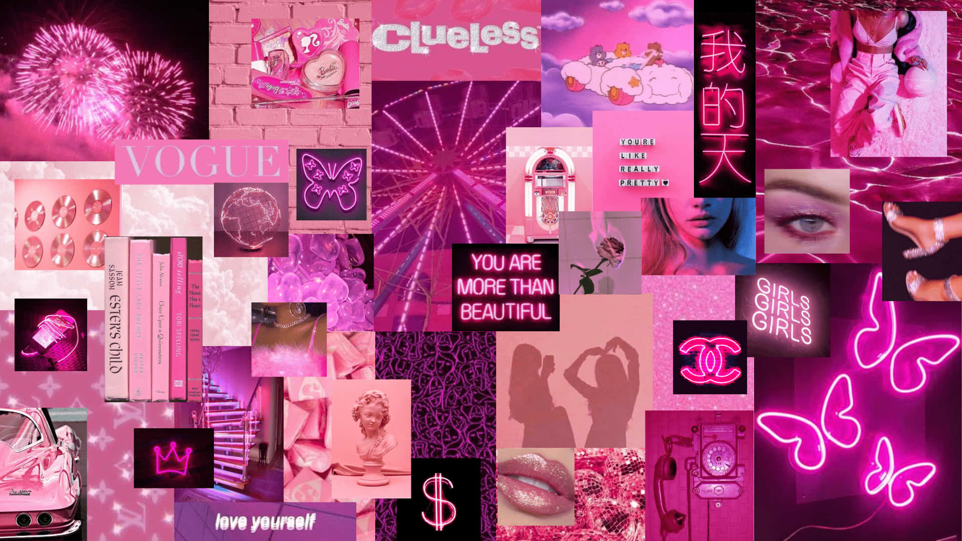 Pink Aesthetic Collage Fireworks And Ferris Wheel Background