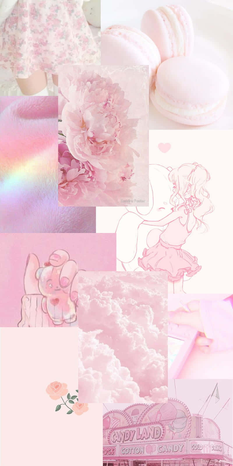 Fondode Pantalla Estético Rosa Con Collage De Macarons Y Nubes.