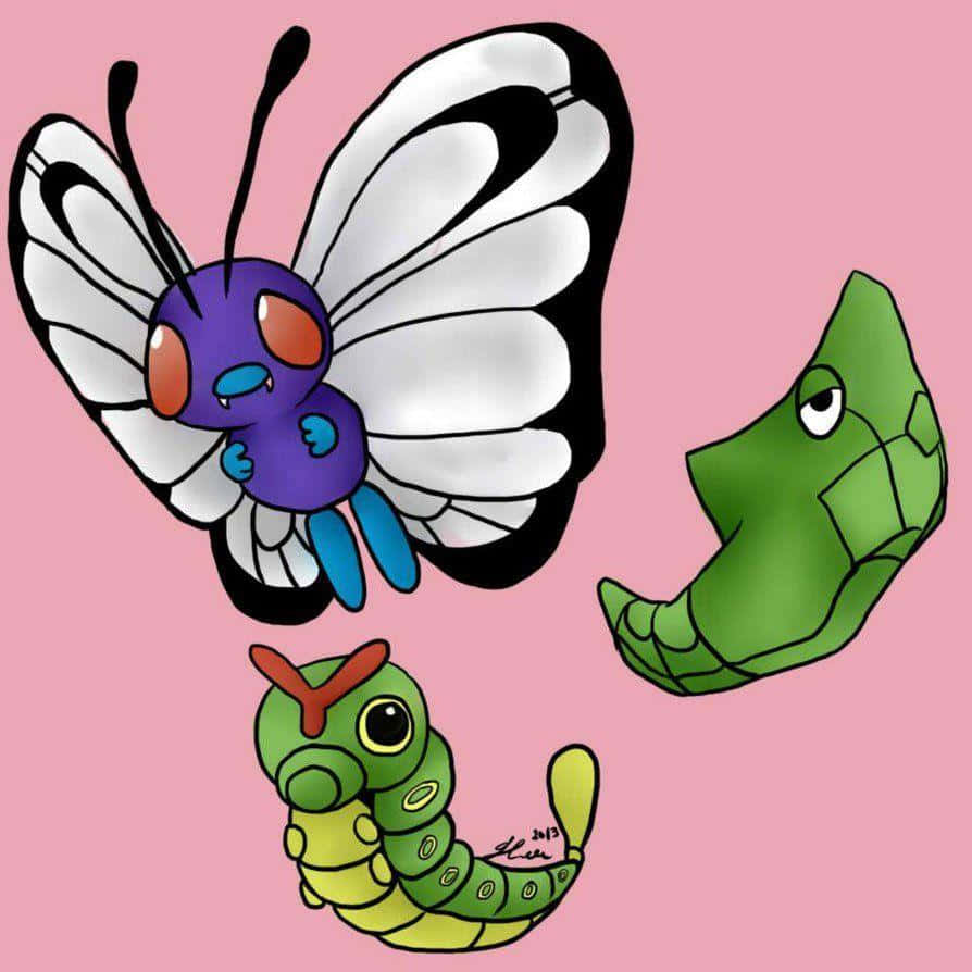 Pink Aesthetic Caterpie, Metapod, And Butterfree Wallpaper