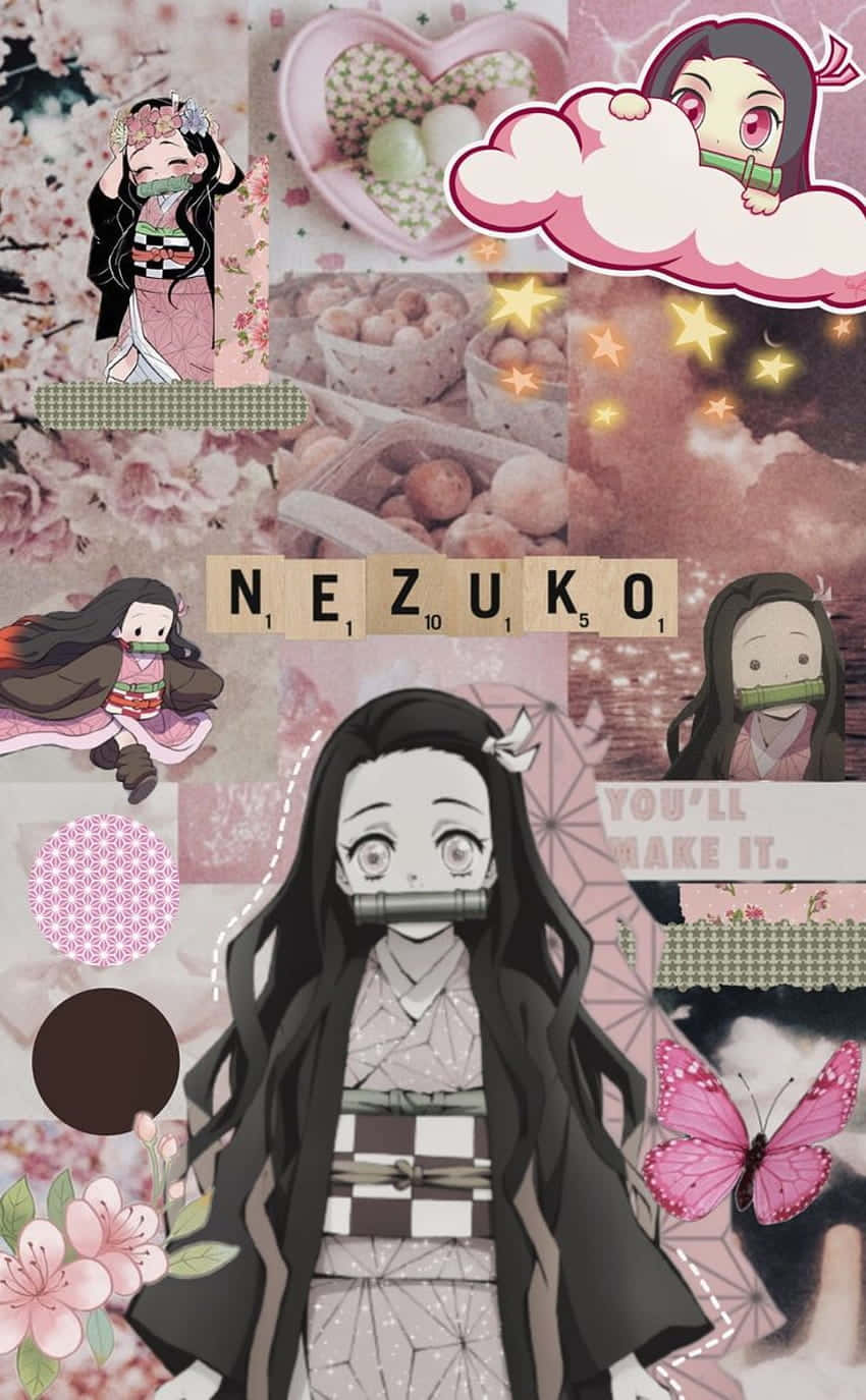 Pink Æstetisk Sød Nezuko Kamado Montage Illustration Tapet Wallpaper