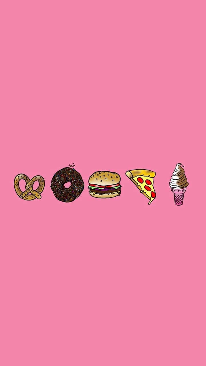 A Pink Background With Various Food Items On It Wallpaper