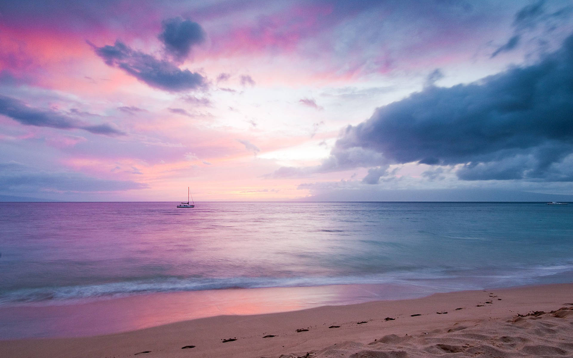 Pink Aesthetic Ocean Sunset With Boat