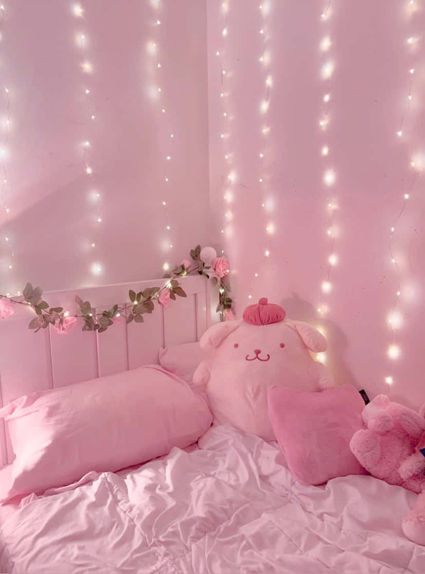 Pink Aesthetic Bed With Lights Picture
