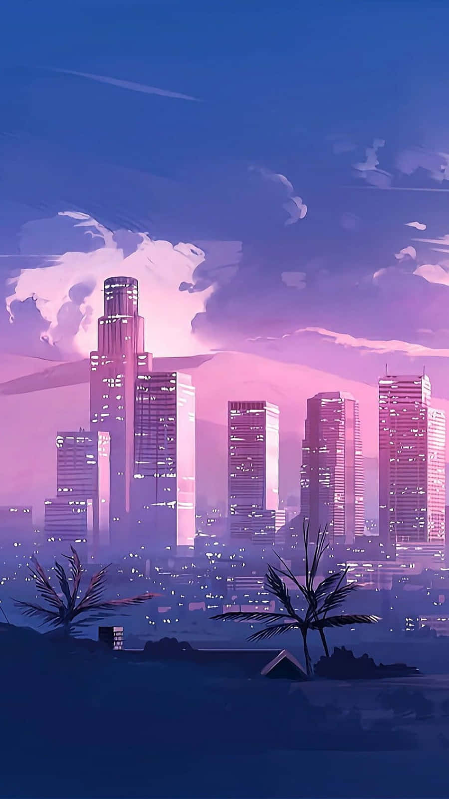 A Cityscape With A Purple Sky And A Sunset Wallpaper