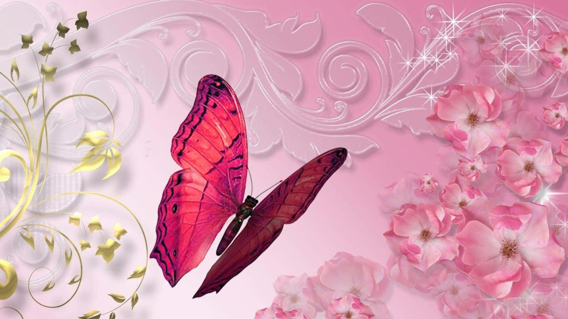A Pink Butterfly Is Flying Over Pink Flowers