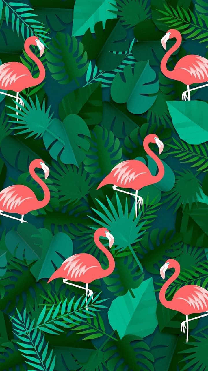 Pink And Green Aesthetic Flamingos And Leaves Wallpaper