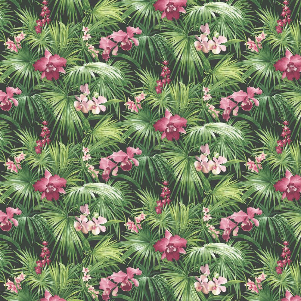A Tropical Wallpaper With Pink Flowers And Palm Trees Wallpaper