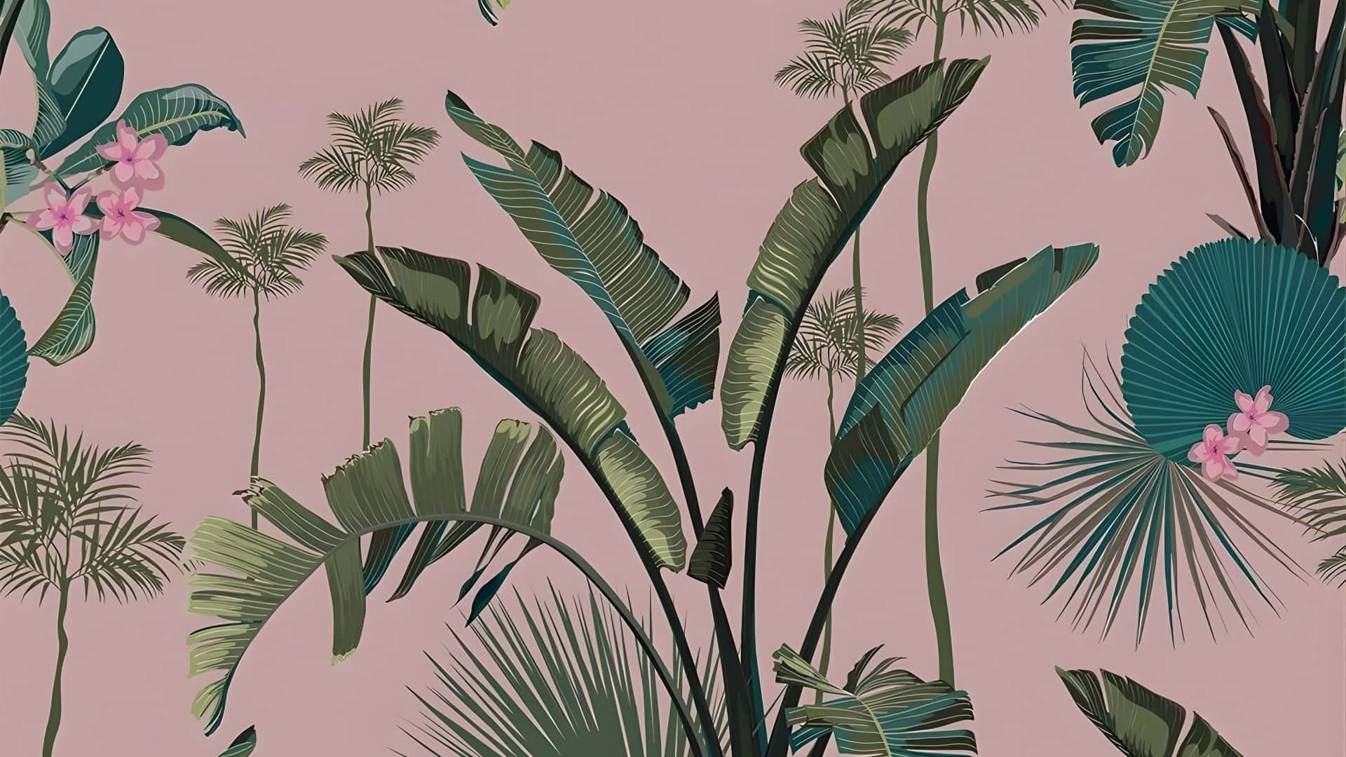 Pink And Green Tropical Leaves Wallpaper