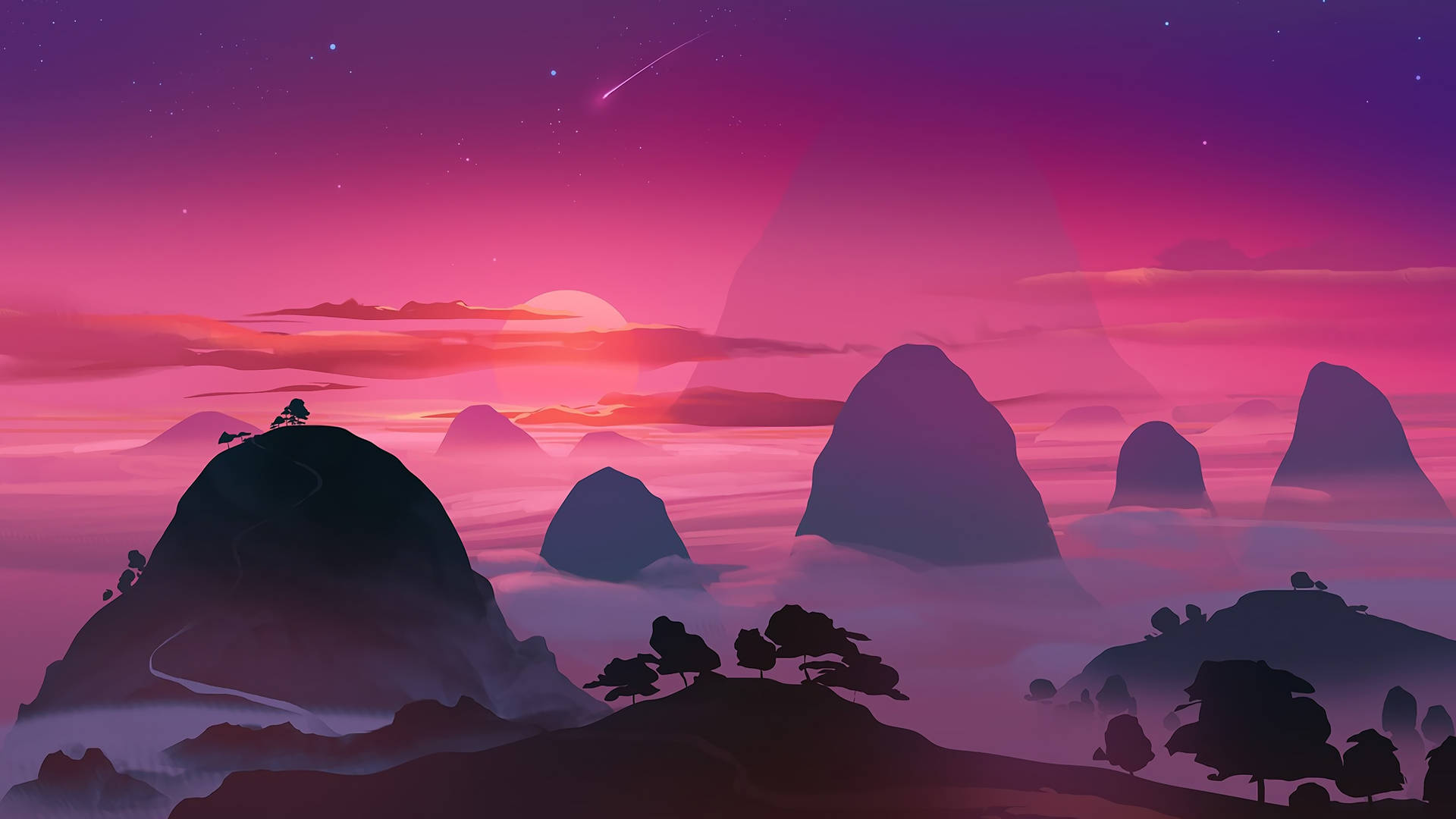 A Mountain Landscape With A Purple Sky Wallpaper