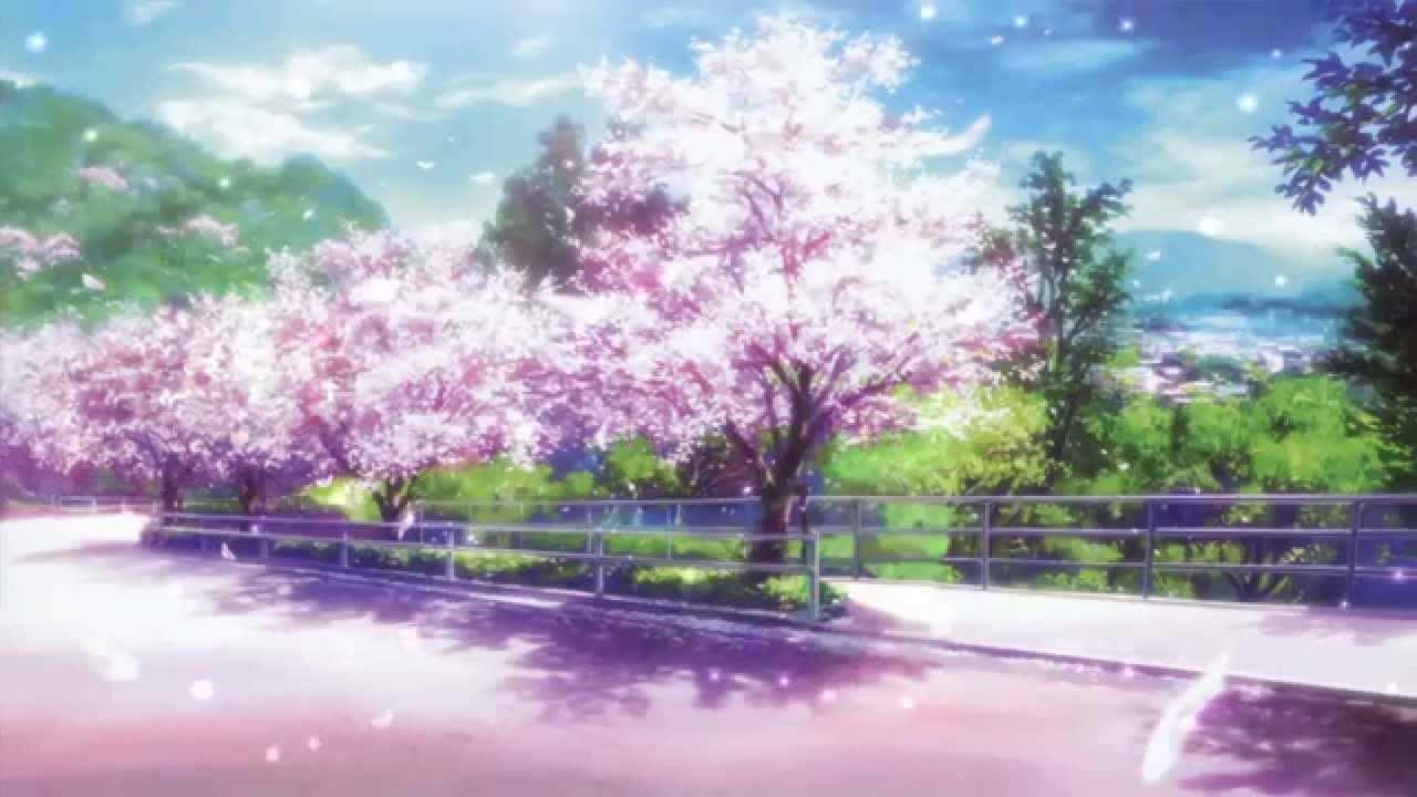 A Beautiful Anime Scene With Trees And Flowers