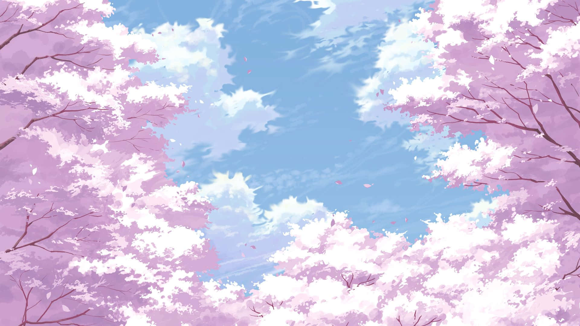 A Painting Of Pink Trees With Clouds In The Sky