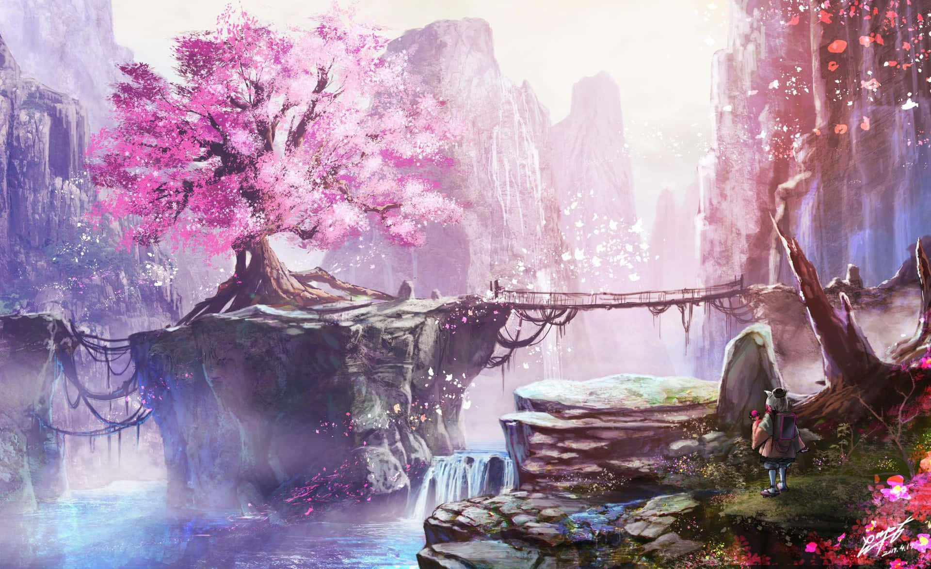 A Fantasy Landscape With A Tree And Waterfall