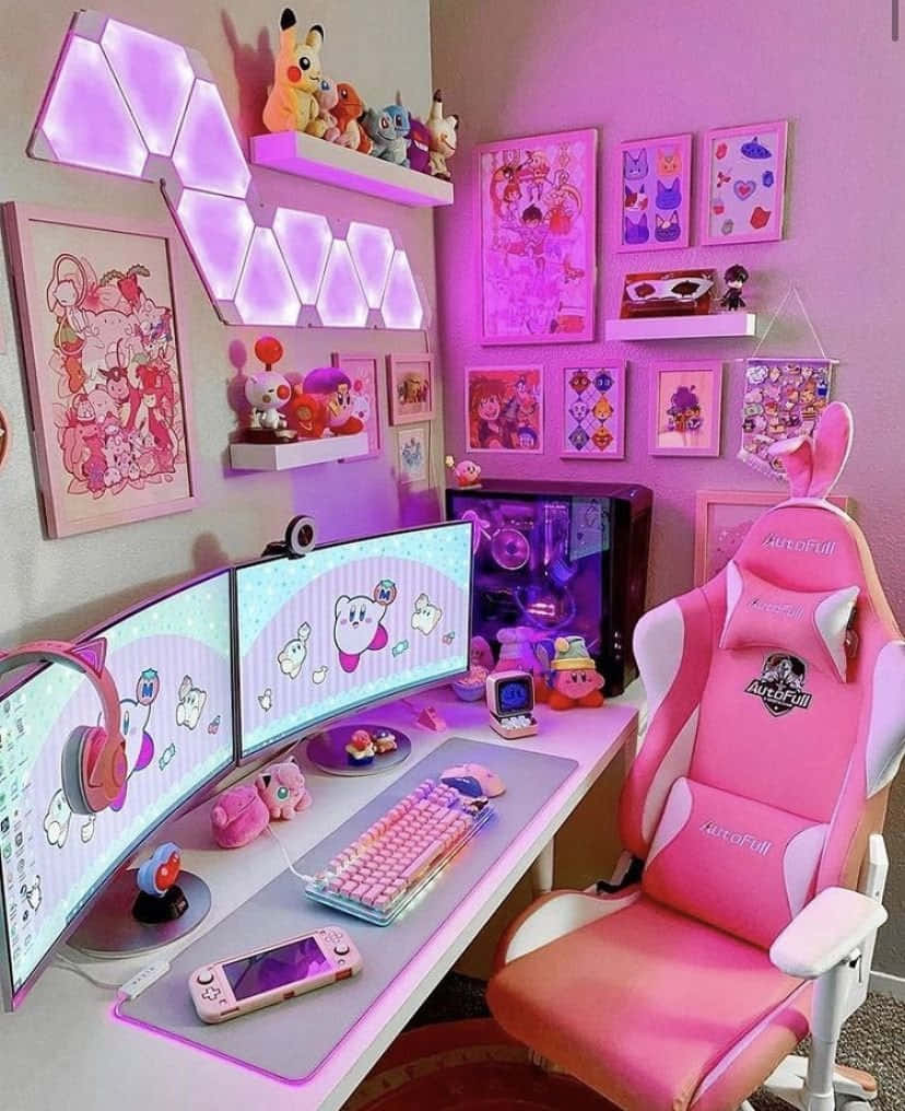 Pink Anime Gamer Room Setup Wallpaper