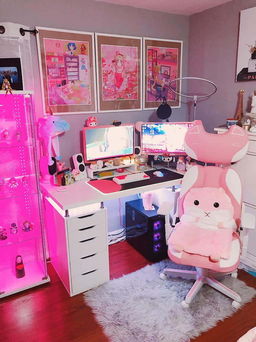 Pink Anime Gamer Room Setup Wallpaper