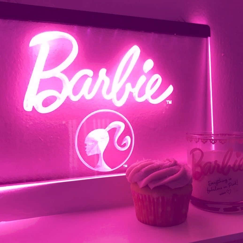 Pink Barbie Neon Signand Cupcake Wallpaper