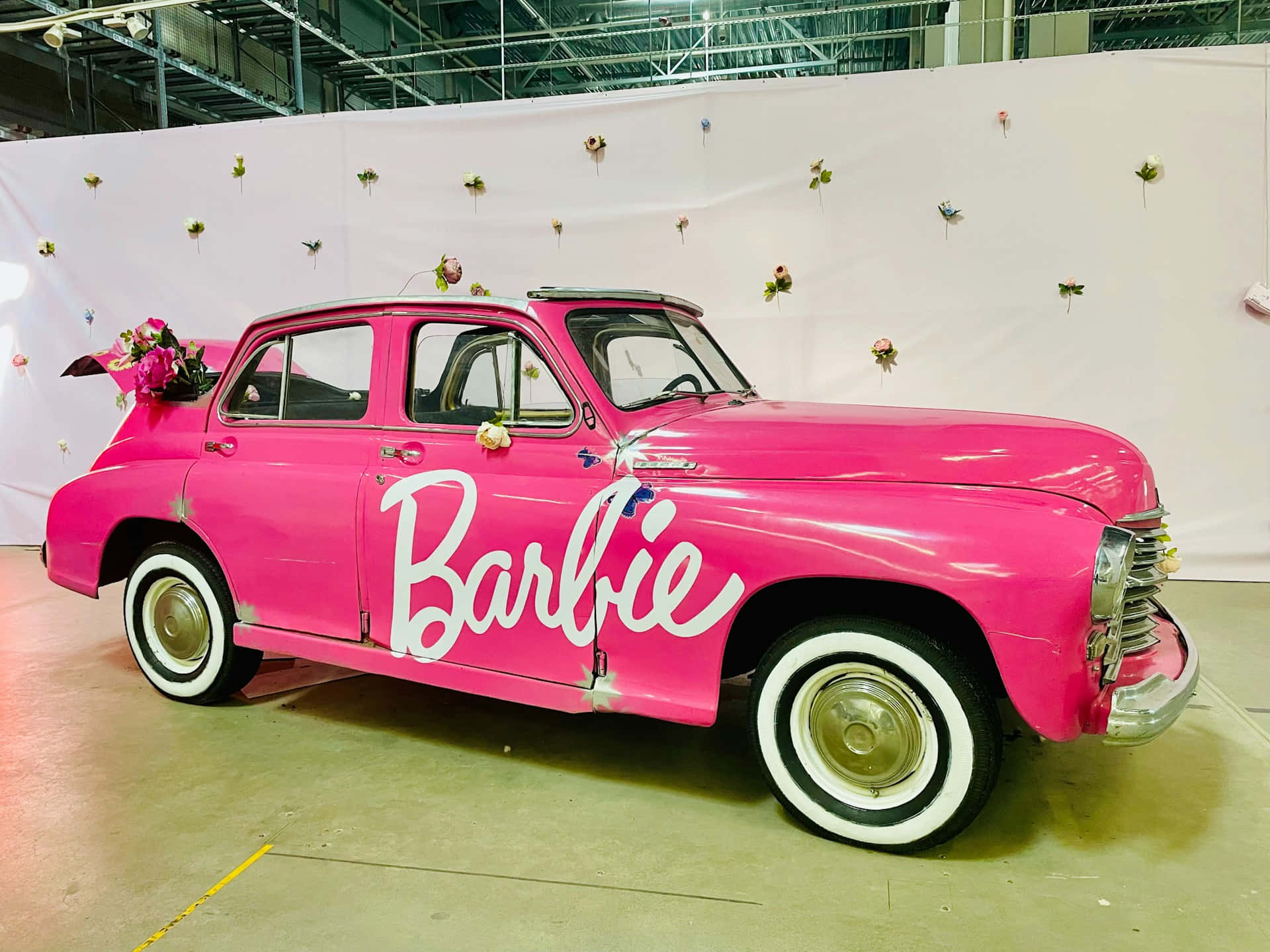Pink Barbie Themed Vintage Car Wallpaper