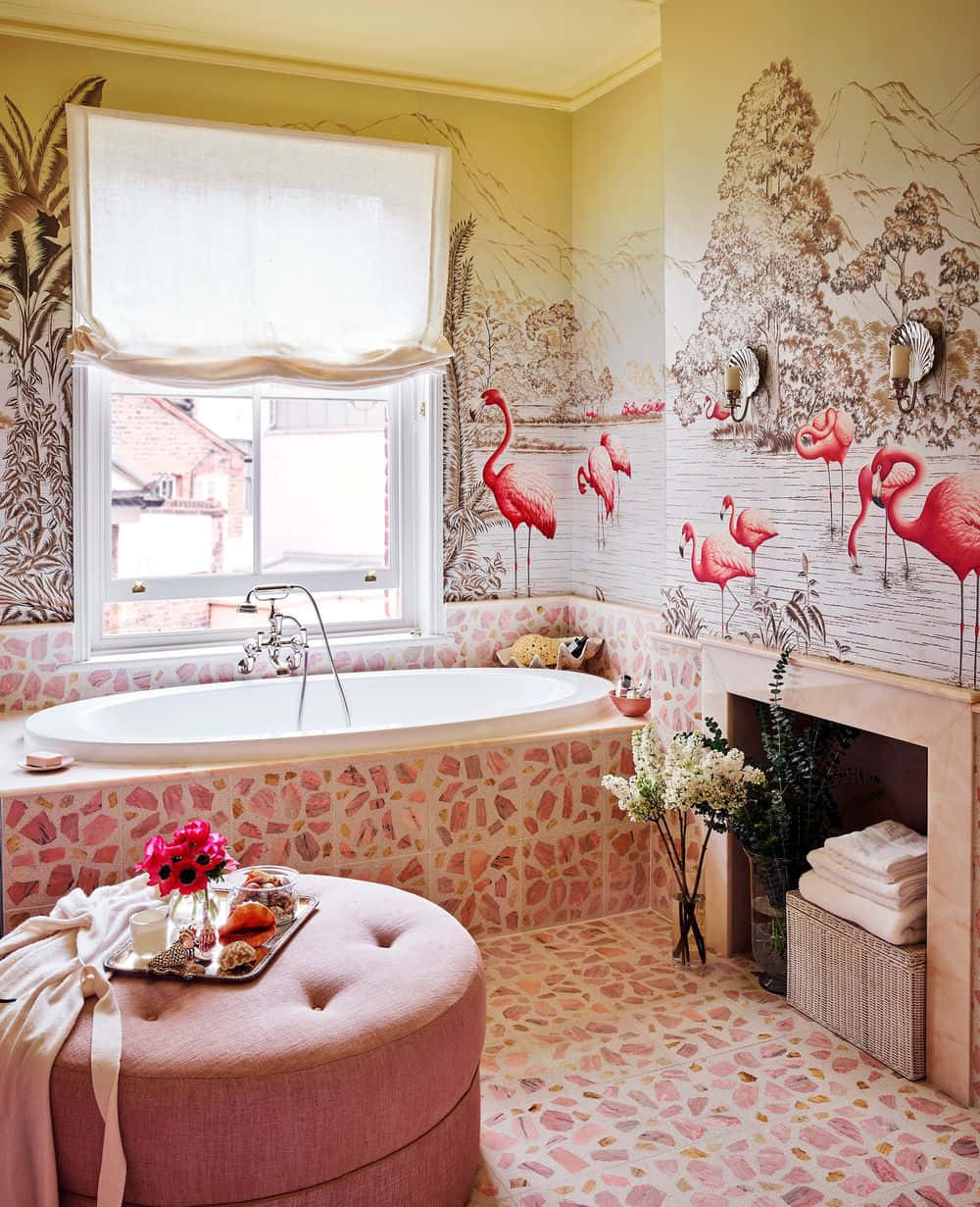 Lyserødt Badeværelse Flamingoer Wallpaper