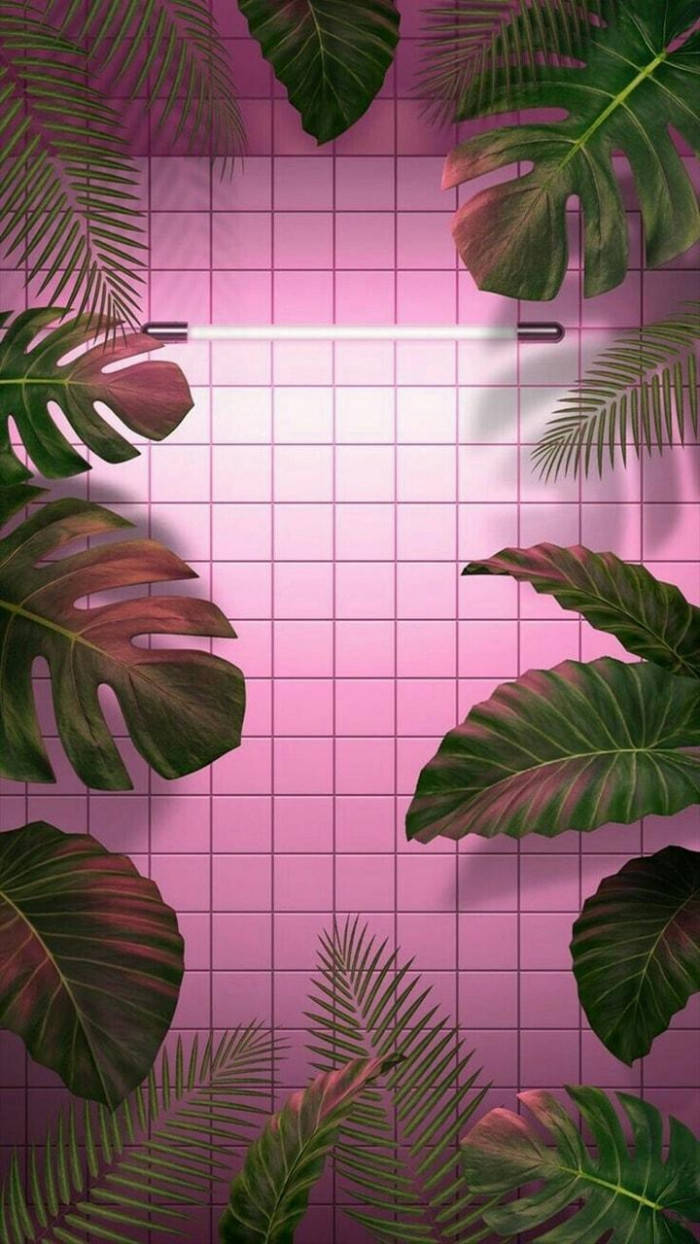 Pink Bathroom Tiles Leaves Aesthetic Background