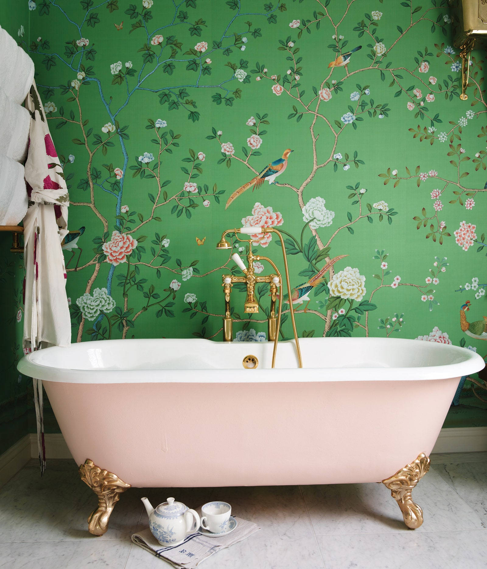 Pink Bathtub Green Flowery Wallpaper Wallpaper