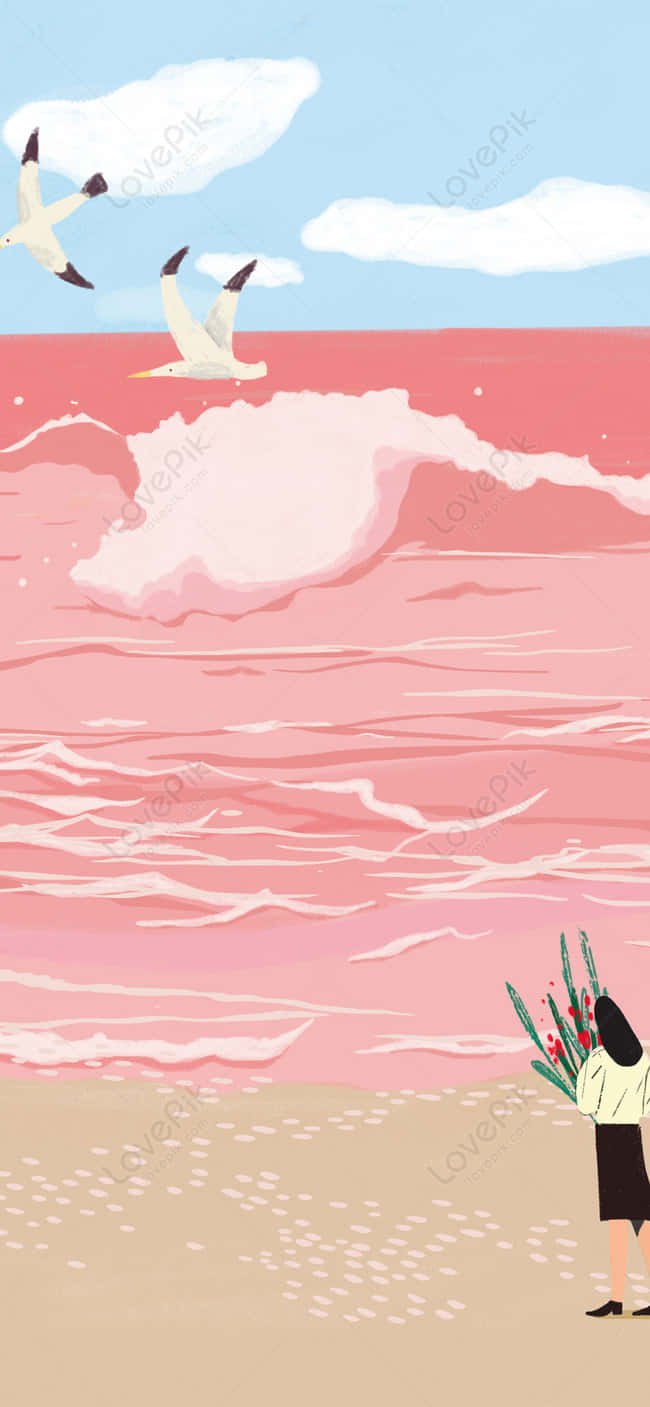 Enjoy an ethereal, pink-hued beach sunset Wallpaper