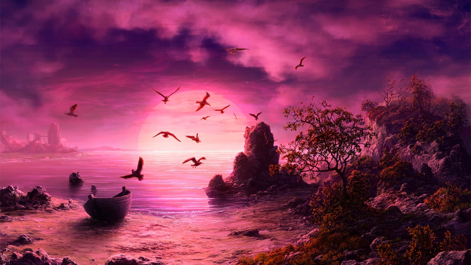 Pink Beach Sunset With Birds Flying Wallpaper